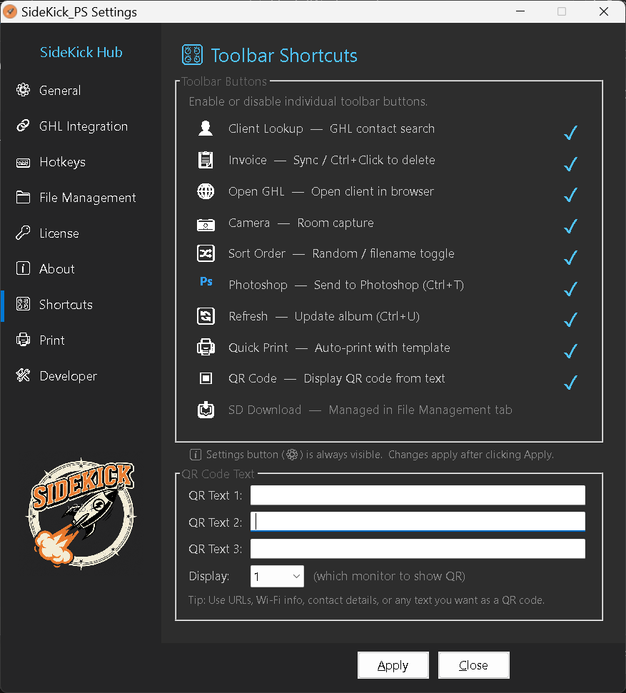 SideKick PS Settings Panel